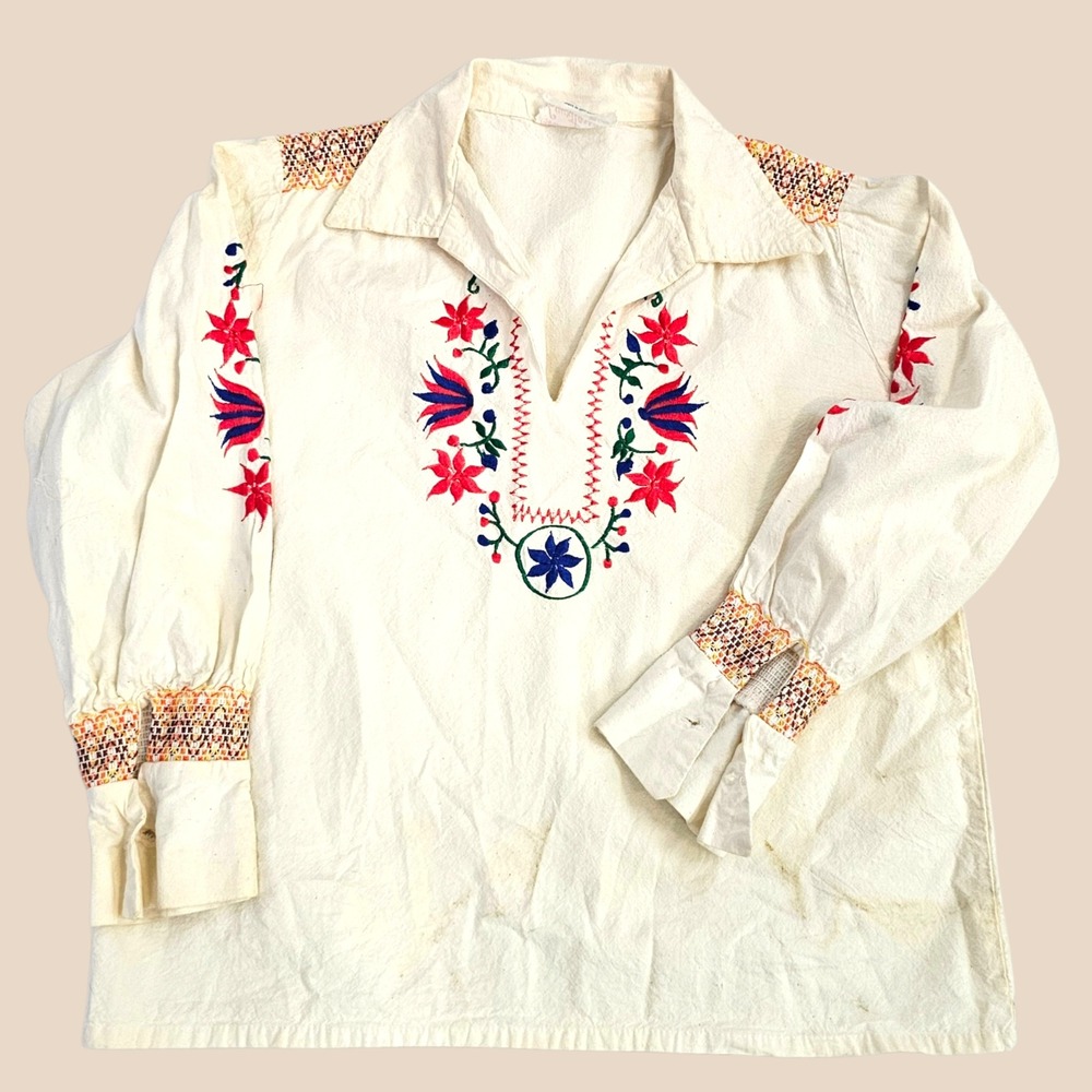 Vintage 1960's Blouse Shirt Bordados Laurita Mexican Embroidered Peasant Cream